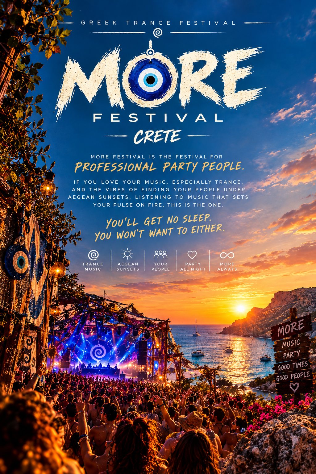 MORE Festival Crete poster: an evil-eye wordmark over a sunset stage on the Cretan coast, crowd dancing, yachts in the bay.